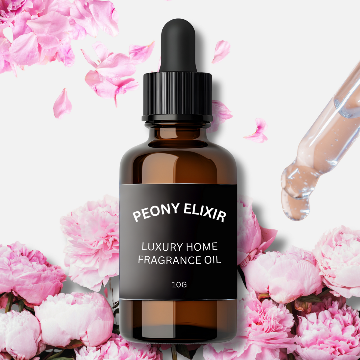 Bottle of Peony Elixir luxury home fragrance oil with pink flowers in the background
