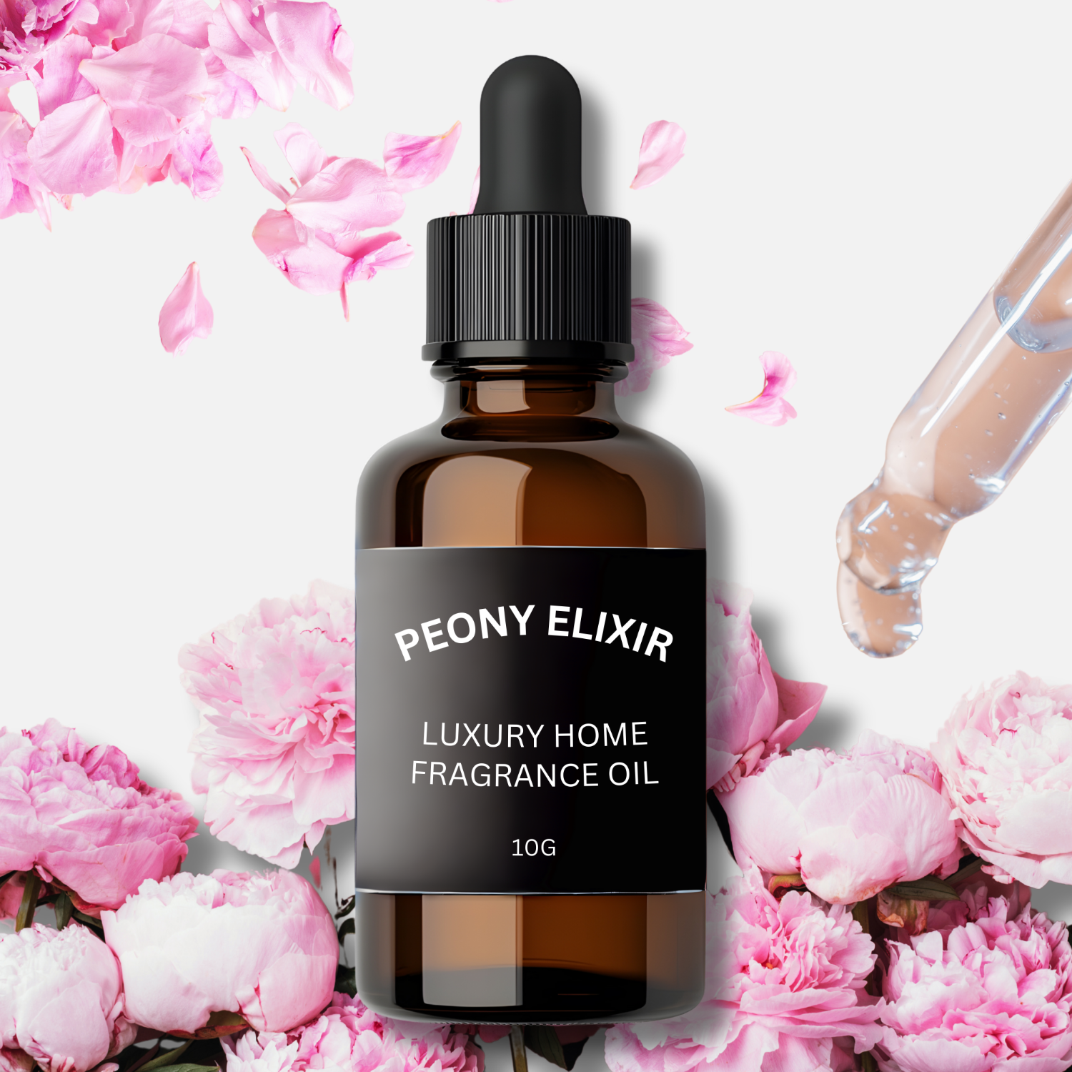 Bottle of Peony Elixir luxury home fragrance oil with pink flowers in the background