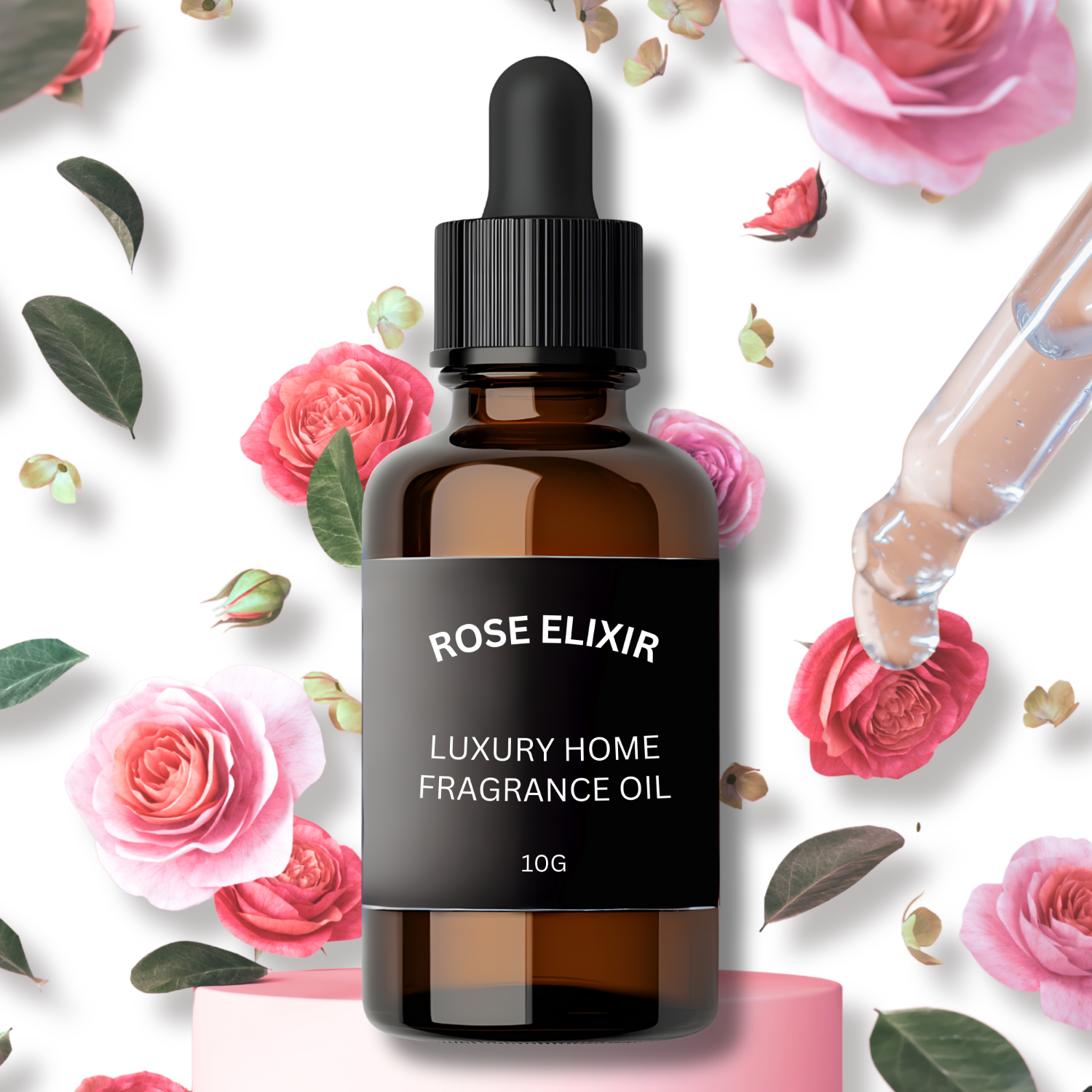Rose Elixir luxury home fragrance oil bottle with flowers in the background