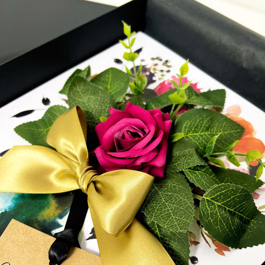 Hot Pink rose with gold ribbon 50th anniversary card