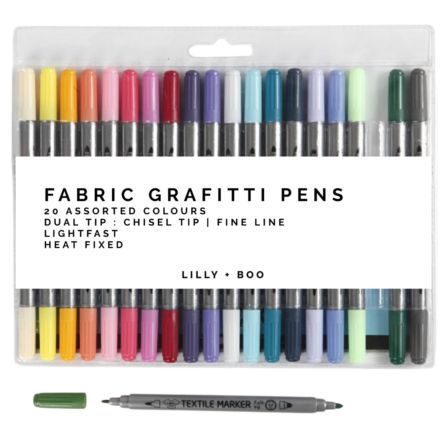 Lilly + Boo Pack of fabric graffiti pens with various colors on a white background
