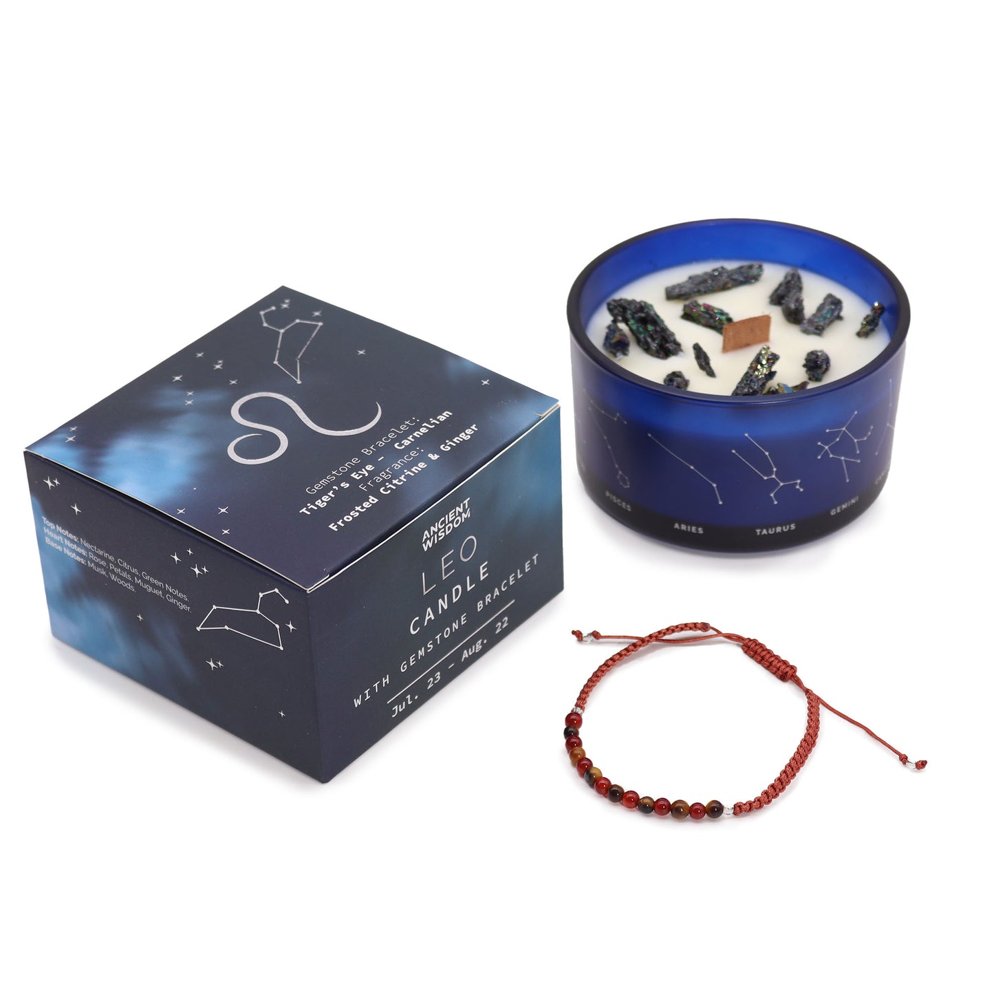 NEW Zodiac Crystal Candle with Gemstone Bracelet Gift - choose your sign