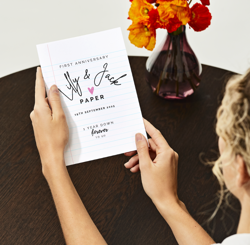 Person holding a white card with personalized text on a wooden table with flowers in the background