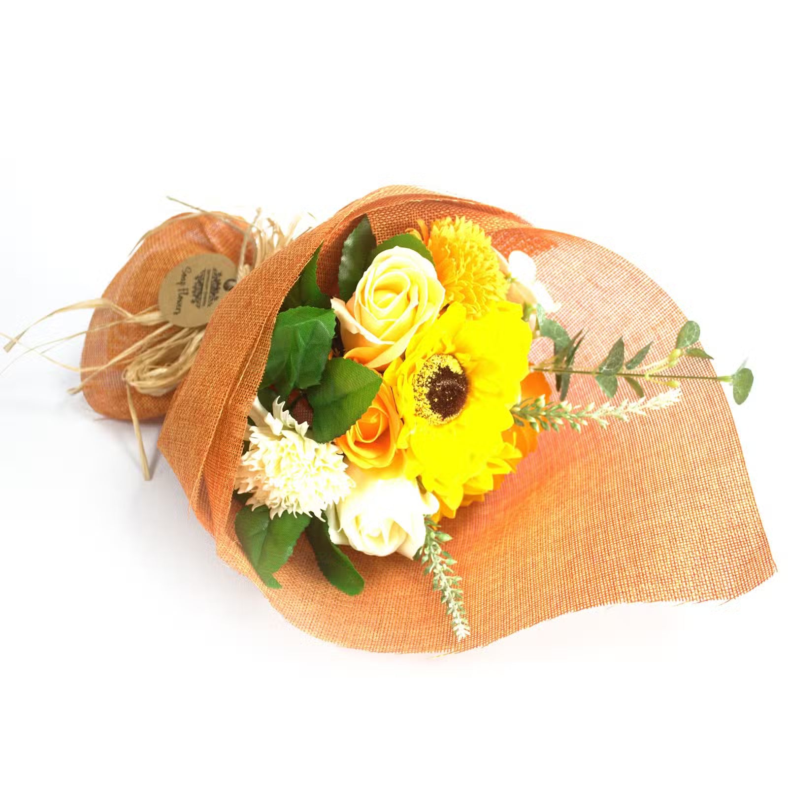 Bouquet of yellow and orange flowers wrapped in orange paper - flower soaps gift 