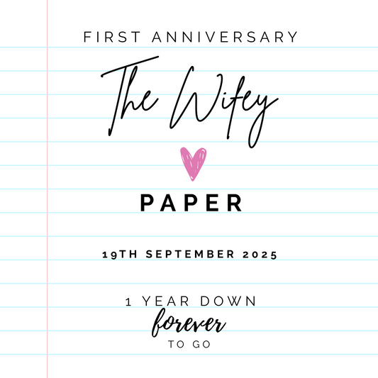 Anniversary Mug for 1st wedding gift with 'The Wifey'  and personalised text on lined paper background.