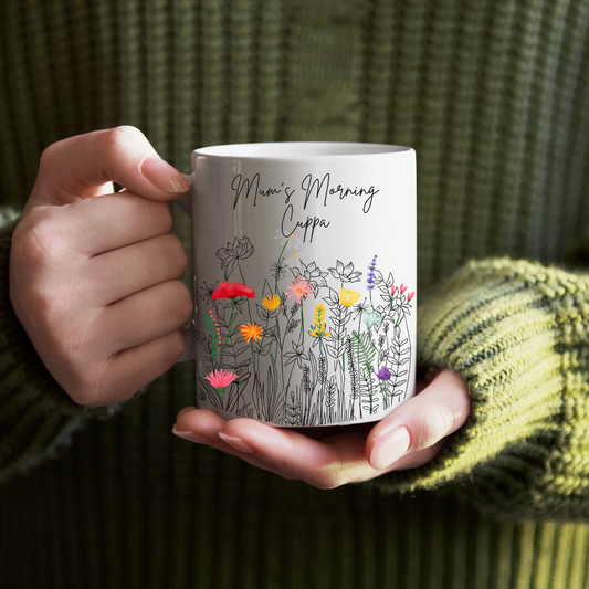 Hand holding a mug with floral design and text 'Mum's Morning Cuppa' against a textured green background.