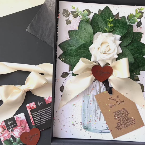 Luxury 3rd Anniversary Card & Gift | Bloom Ivory Rose & Leather Heart