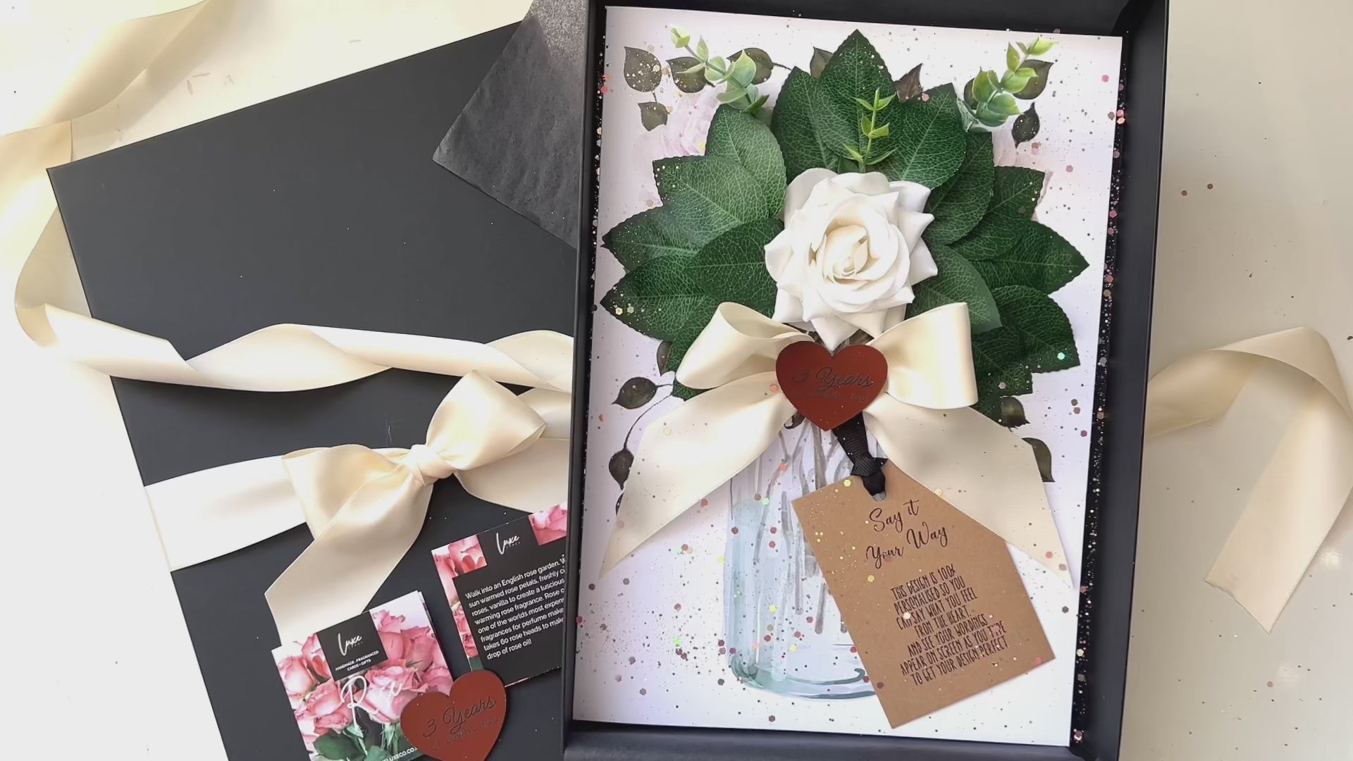 Luxury 3rd Anniversary Card & Gift | Bloom Ivory Rose & Leather Heart