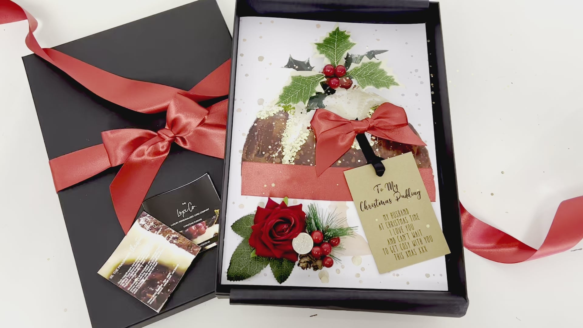 Video showcasing the luxury scented pudding christmas card design. Gift Boxed 