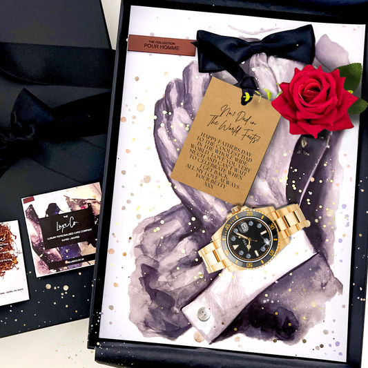 Luxury Gold Watch & Red Rose Scented Personalised Fathers Day Card for special Dad handmade with crystals, leather, velvet and an everlasting rose to symbolise everlasting love