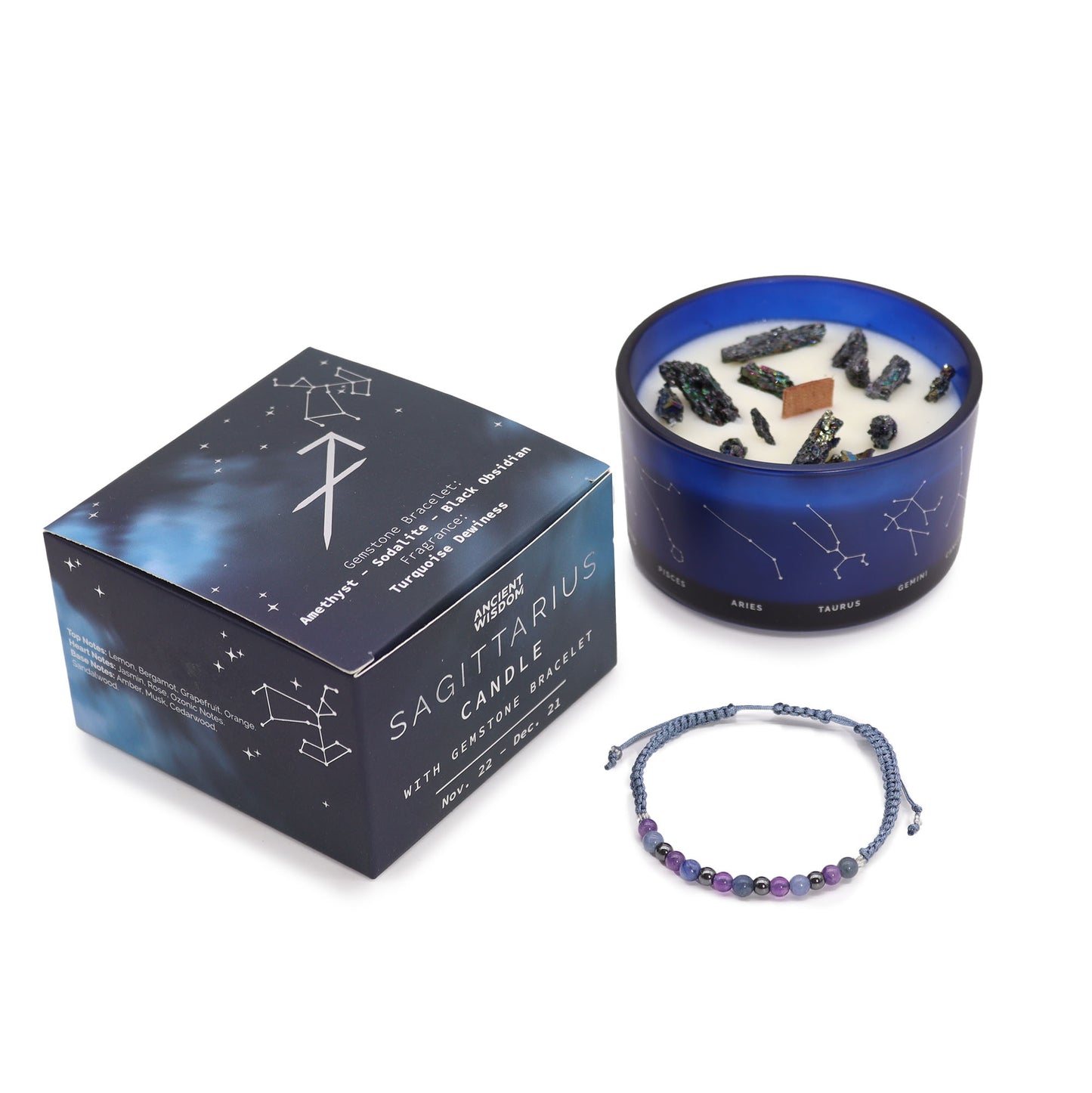 NEW Zodiac Crystal Candle with Gemstone Bracelet Gift - choose your sign