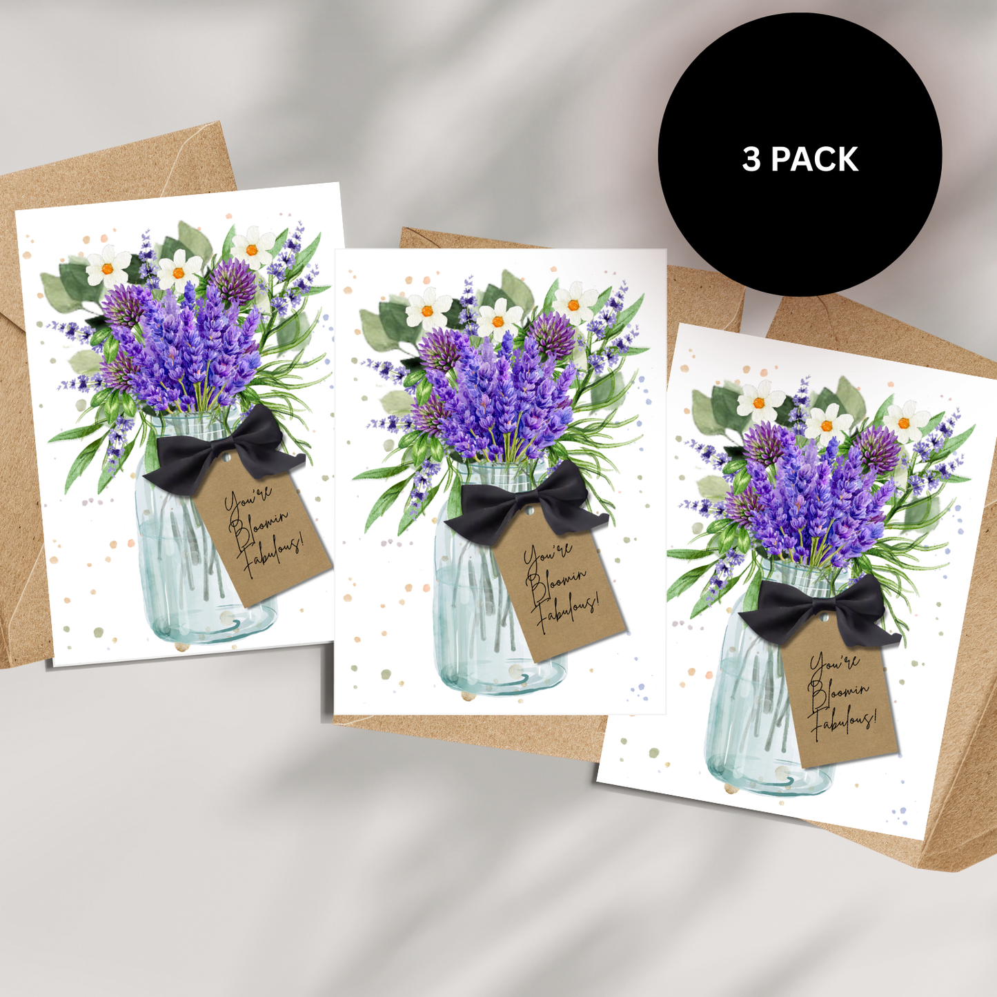 Set of 3 Lavender Handmade Cards with envelopes