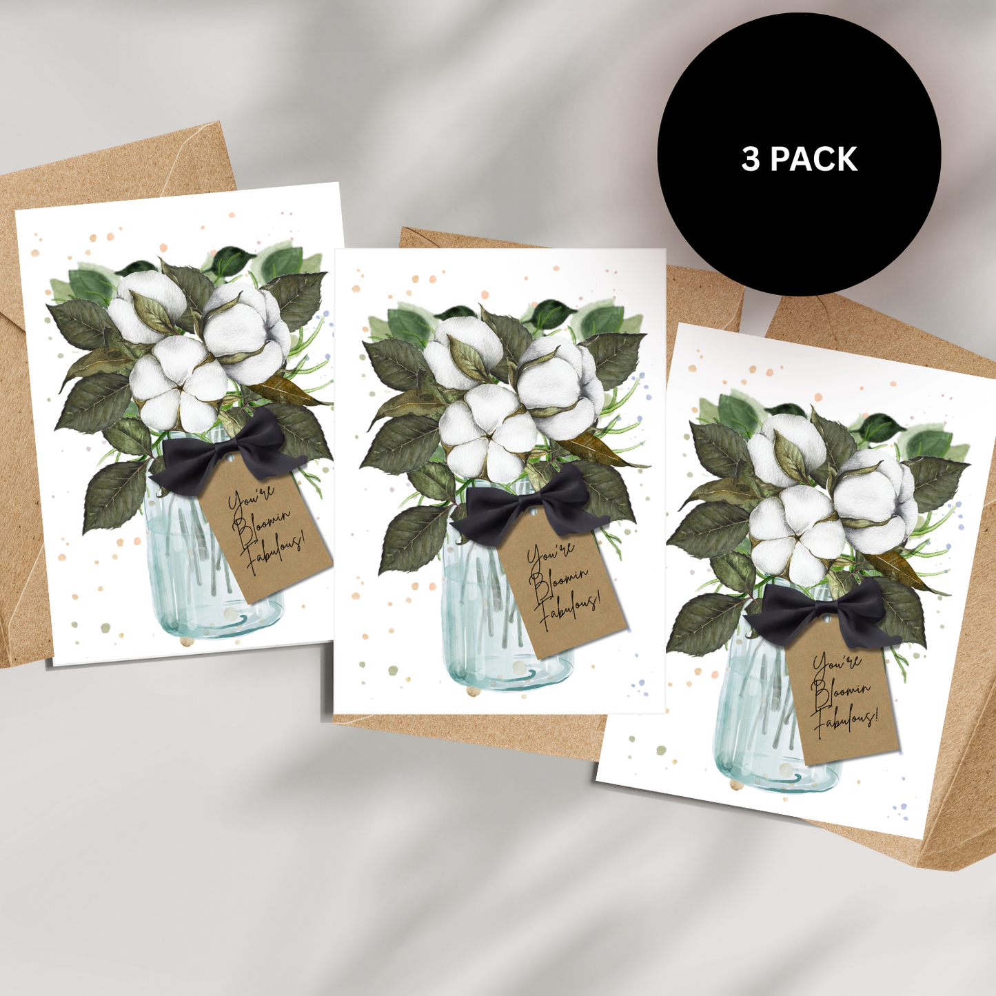 Pack of Three floral scented cotton flower cards with cotton and mason jar design handmade with pretty bow