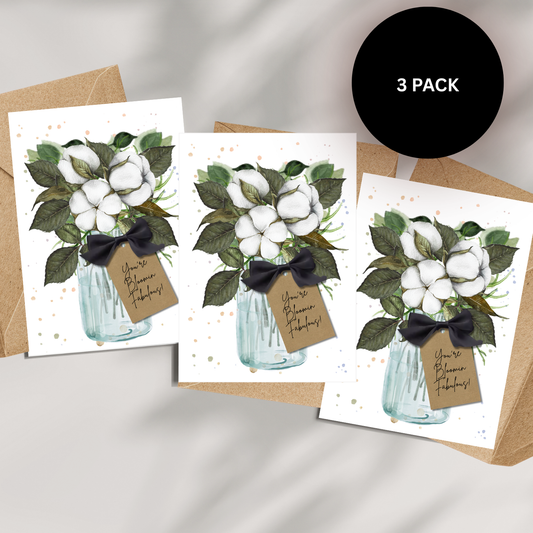 Pack of Three floral scented cotton flower cards with cotton and mason jar design handmade with pretty bow