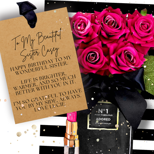 Luxury Sister Birthday Card handmade with a Bouquet of everlasting pink roses with a personalized card and makeup product on a black and white striped background.