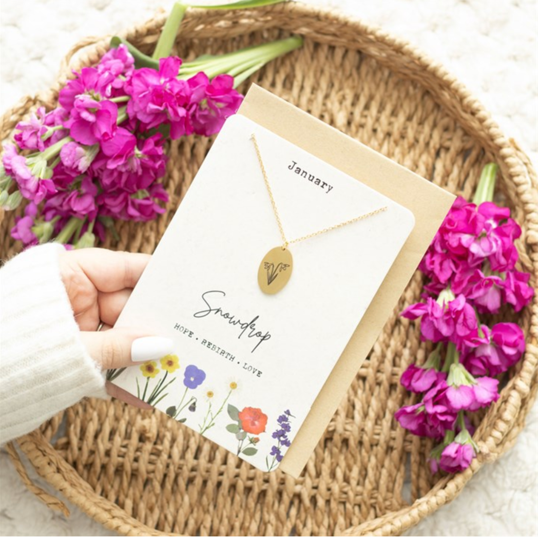 January Birthday Flower Necklace Card - The Snowdrop