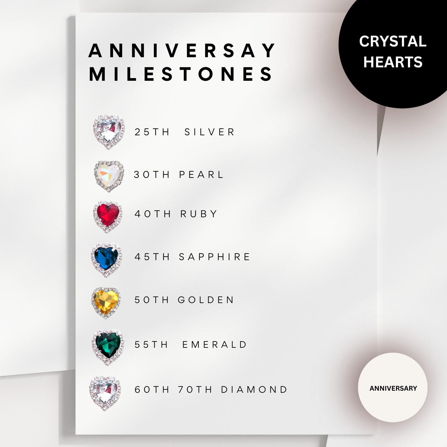 Chart of anniversary milestones with crystal hearts and corresponding gemstones we use on our luxury cards on a white background.