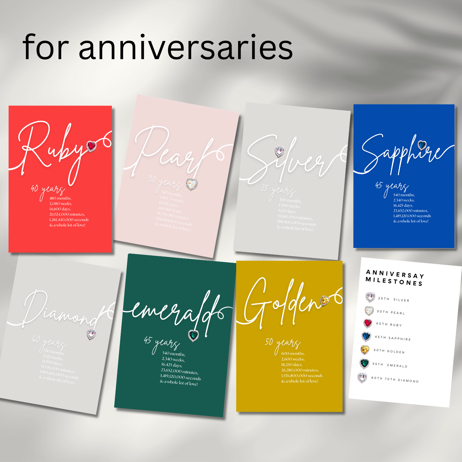 Collection of luxury handmade anniversary cards with different colors and text on a gray background