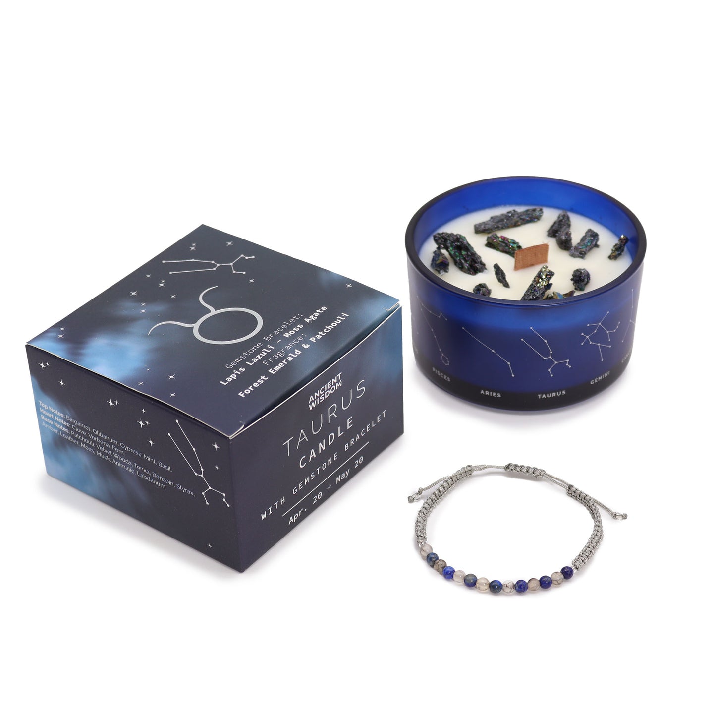 Zodiac Taurus Crystal Candle with Gemstone Bracelet Gift