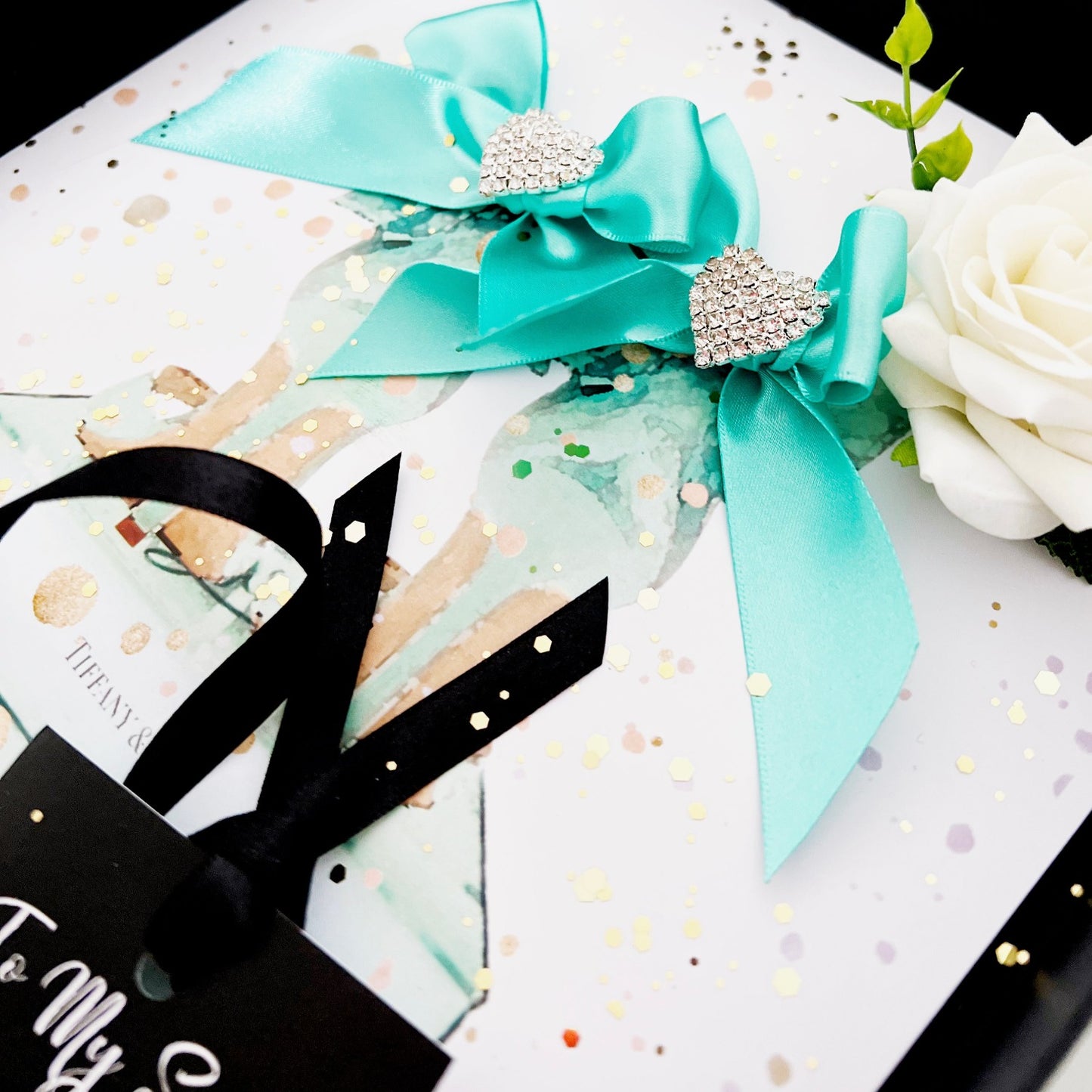 Luxury Stylish Mothers Day card handmade with tiffany blue ribbon and Tiffany & Co print