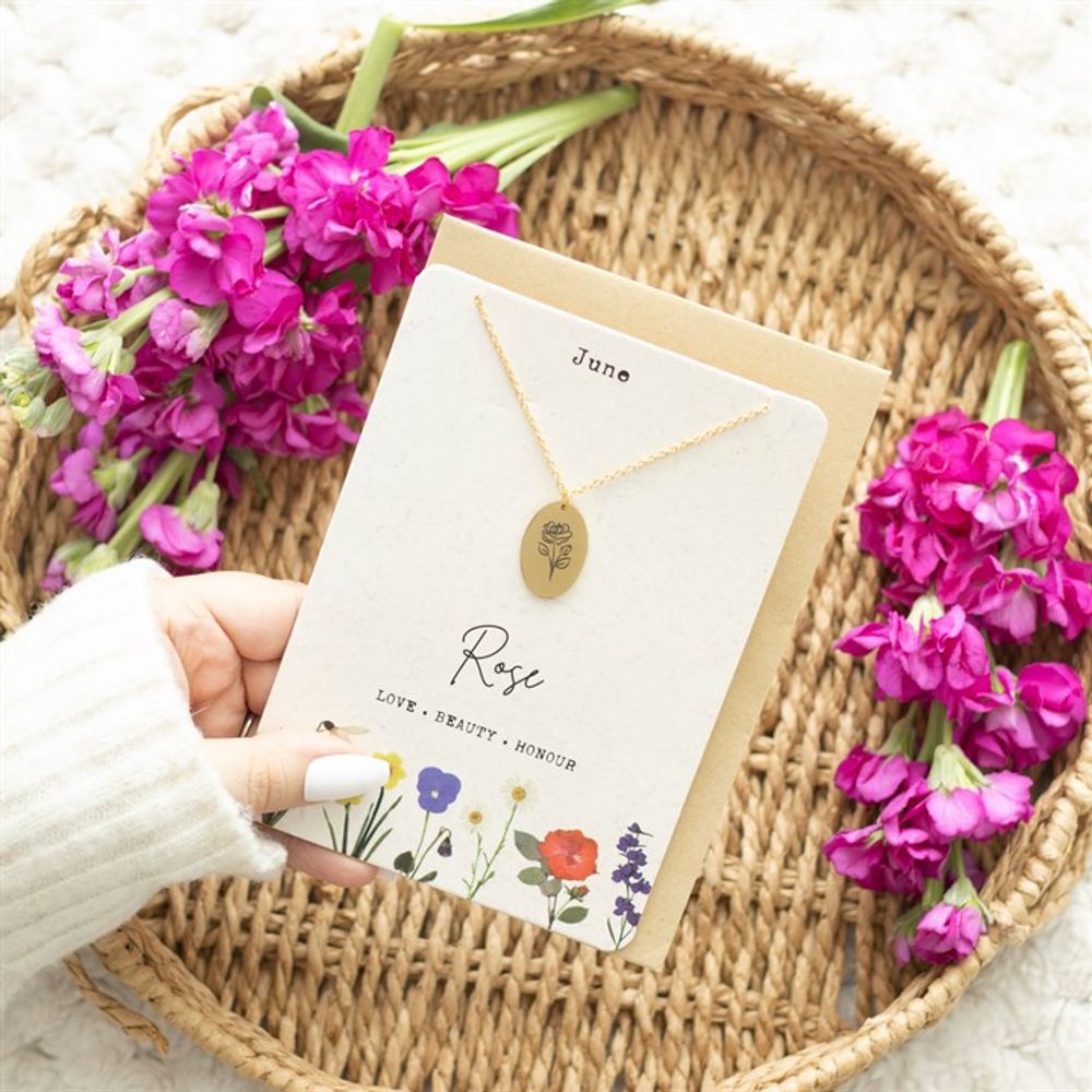 June Rose Birth Flower Necklace Card