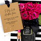 Luxury Wife Birthday Card with Bouquet of handmade pink roses that won't die scented with rose perfume with a personalized card and lipstick on a black and white striped background. Gift Boxed and tied with ribbon