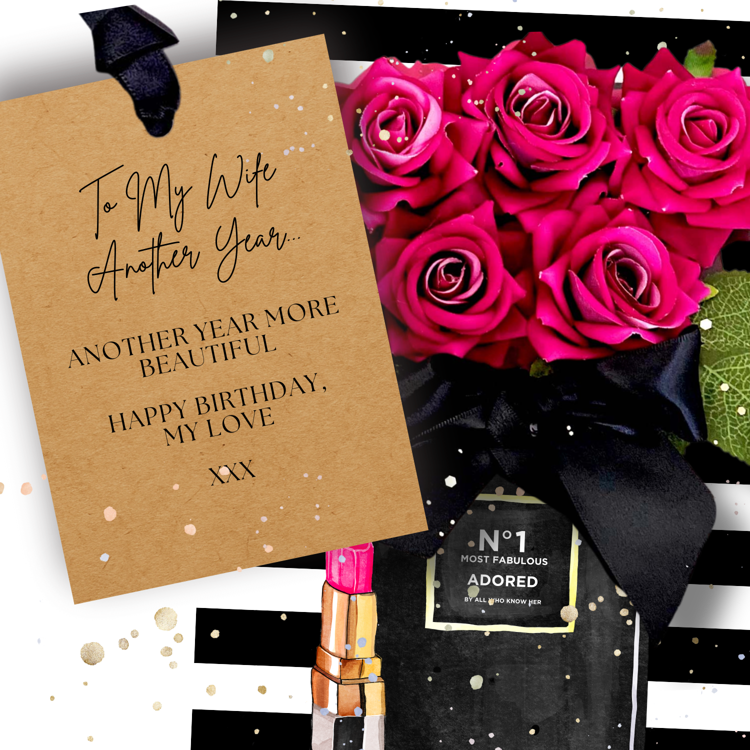 Luxury Wife Birthday Card with Bouquet of handmade pink roses that won't die scented with rose perfume with a personalized card and lipstick on a black and white striped background. Gift Boxed and tied with ribbon