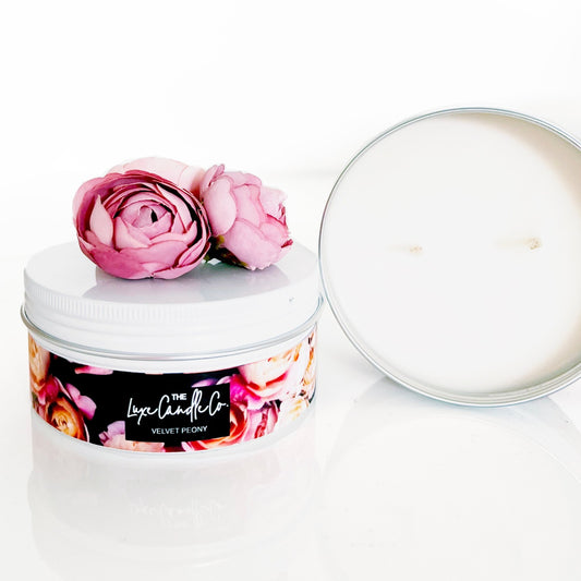 Peony scented candle in tin with silk peonys | The Luxe Co luxury small gifts