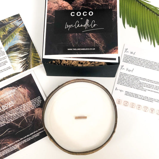 Coconut and Ibiza scented Boho candle in coconut bowls that can be re-used afterwards