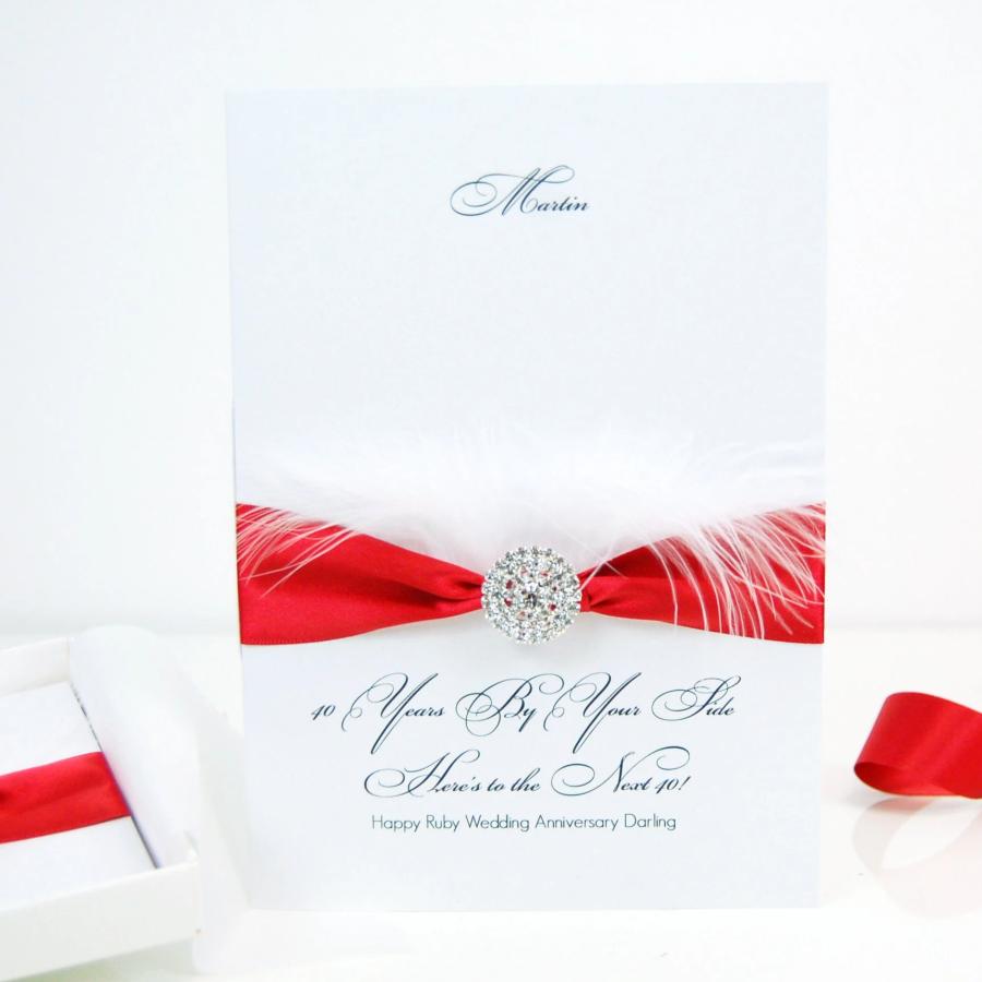 Large 40th anniversary cards - Feather - Ruby ribbon