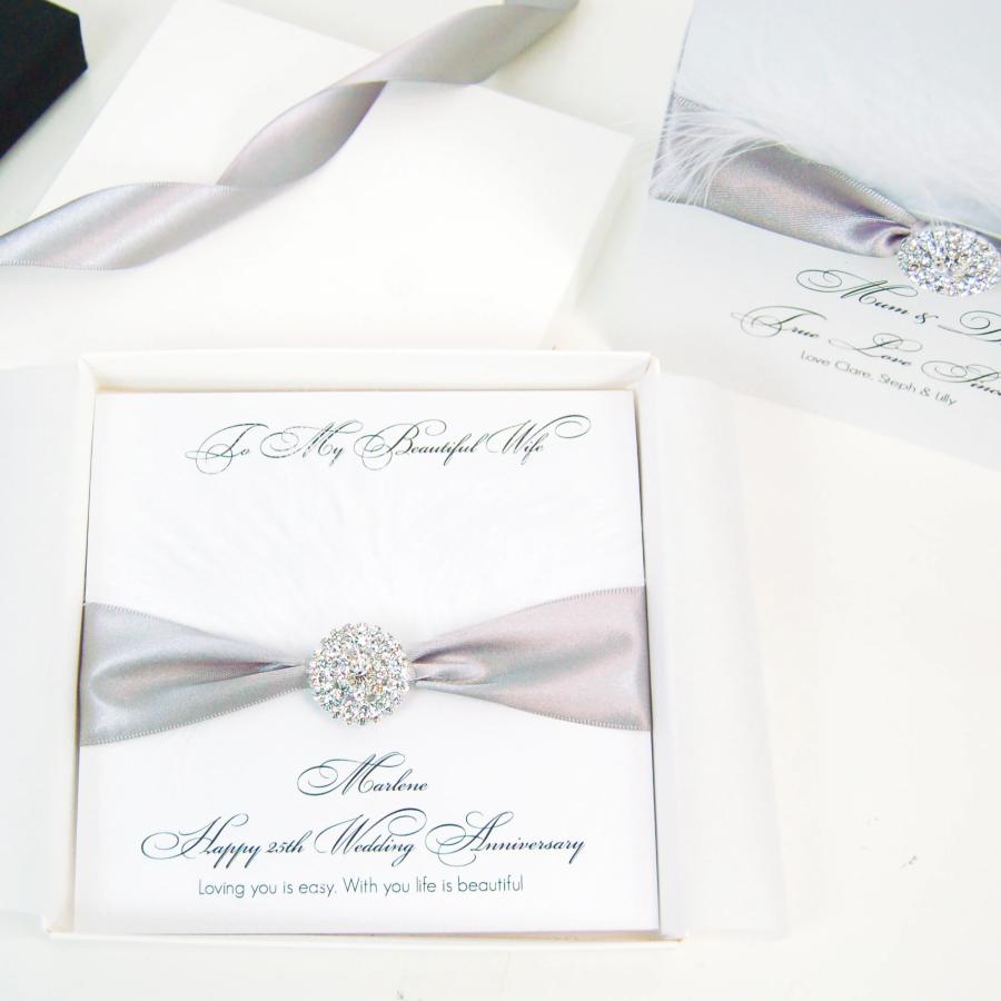Silver 25th Anniversary Fluffy Feather Personalised Card