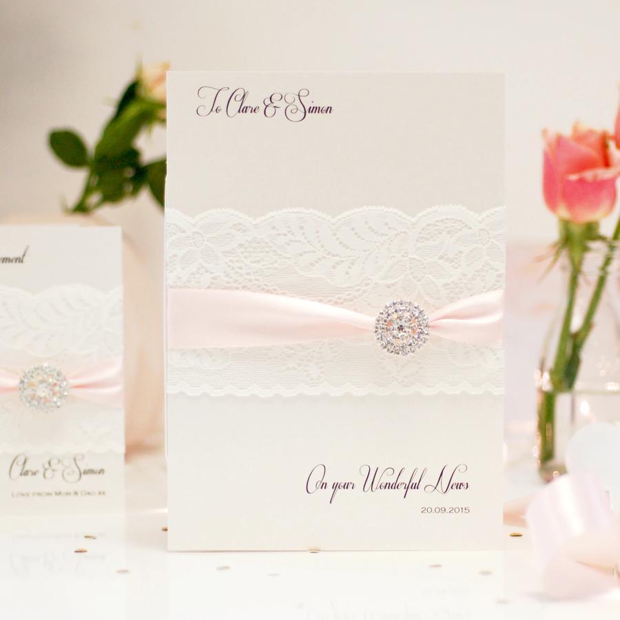 Personalised baby pink wedding card handmade with lace