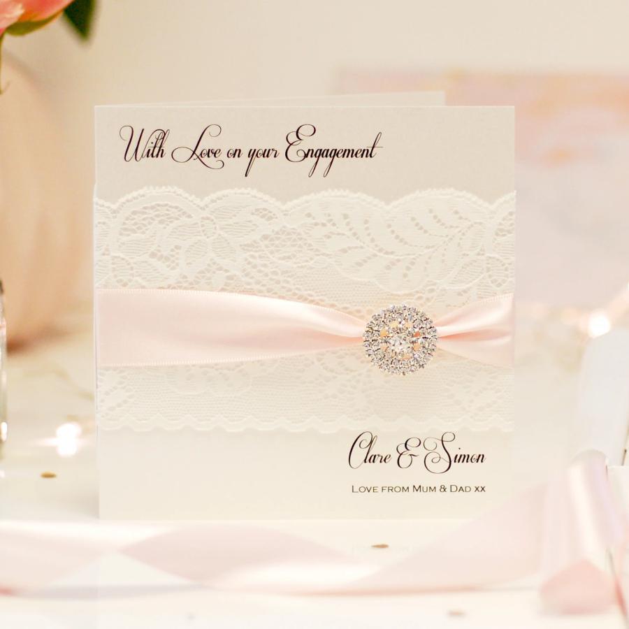Personalised baby pink wedding cards handmade with lace