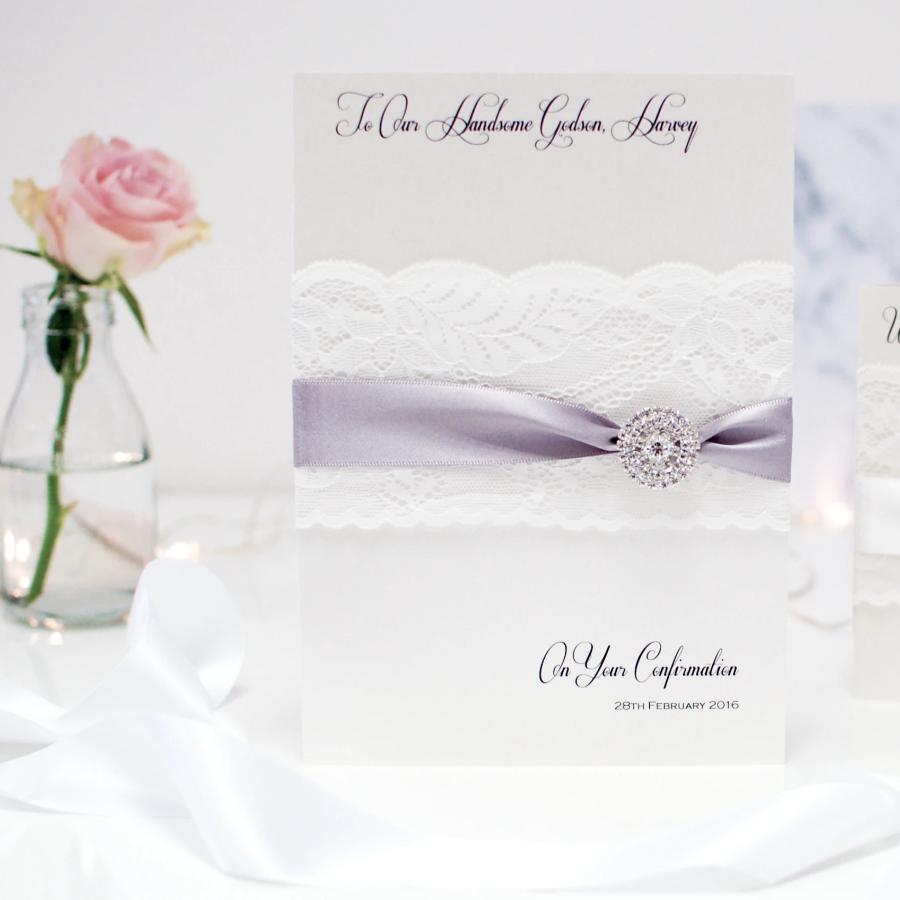 Personalised large christening card can be boxed from the Lace & Crystal Collection