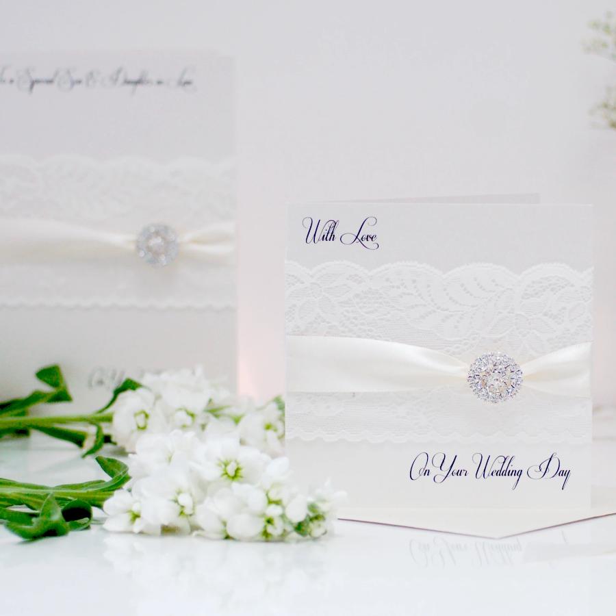 Personalised anniversary card handmade with lace ribbon diamante