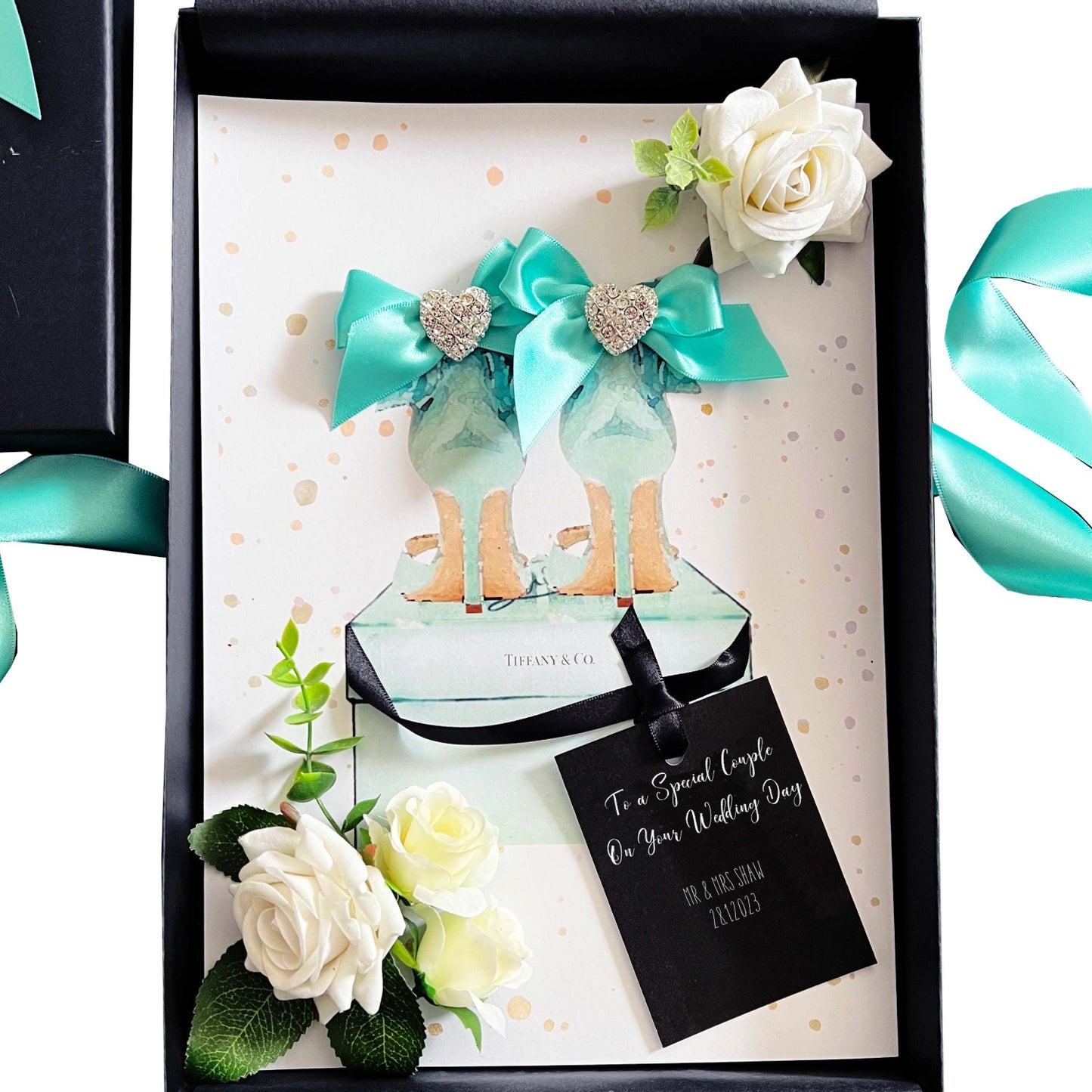 Luxury Tiffany Wedding Card personalised handmade with tiffany blue satin