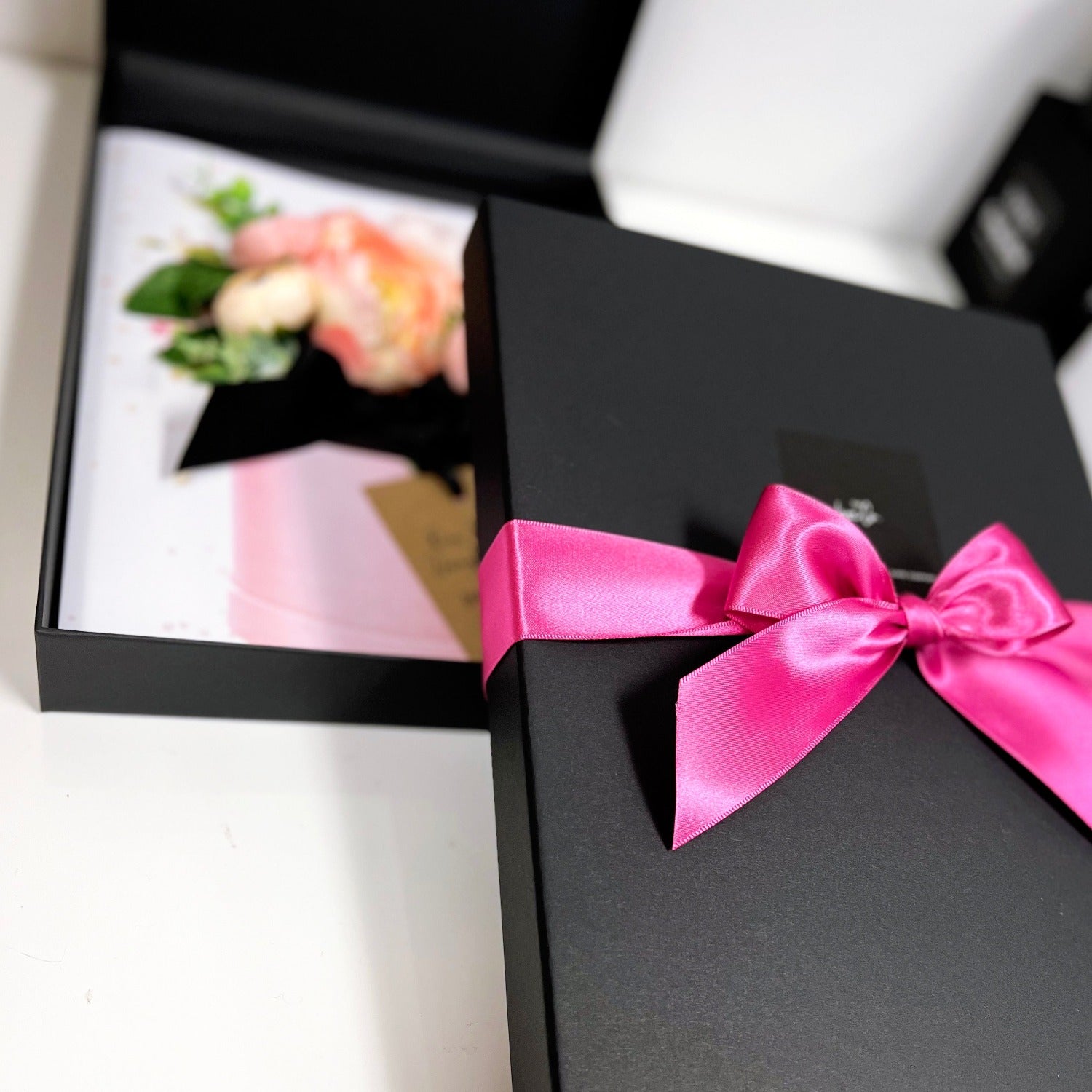 Luxury boxed peony cards | Spring pink peony's personalised card in black gift box