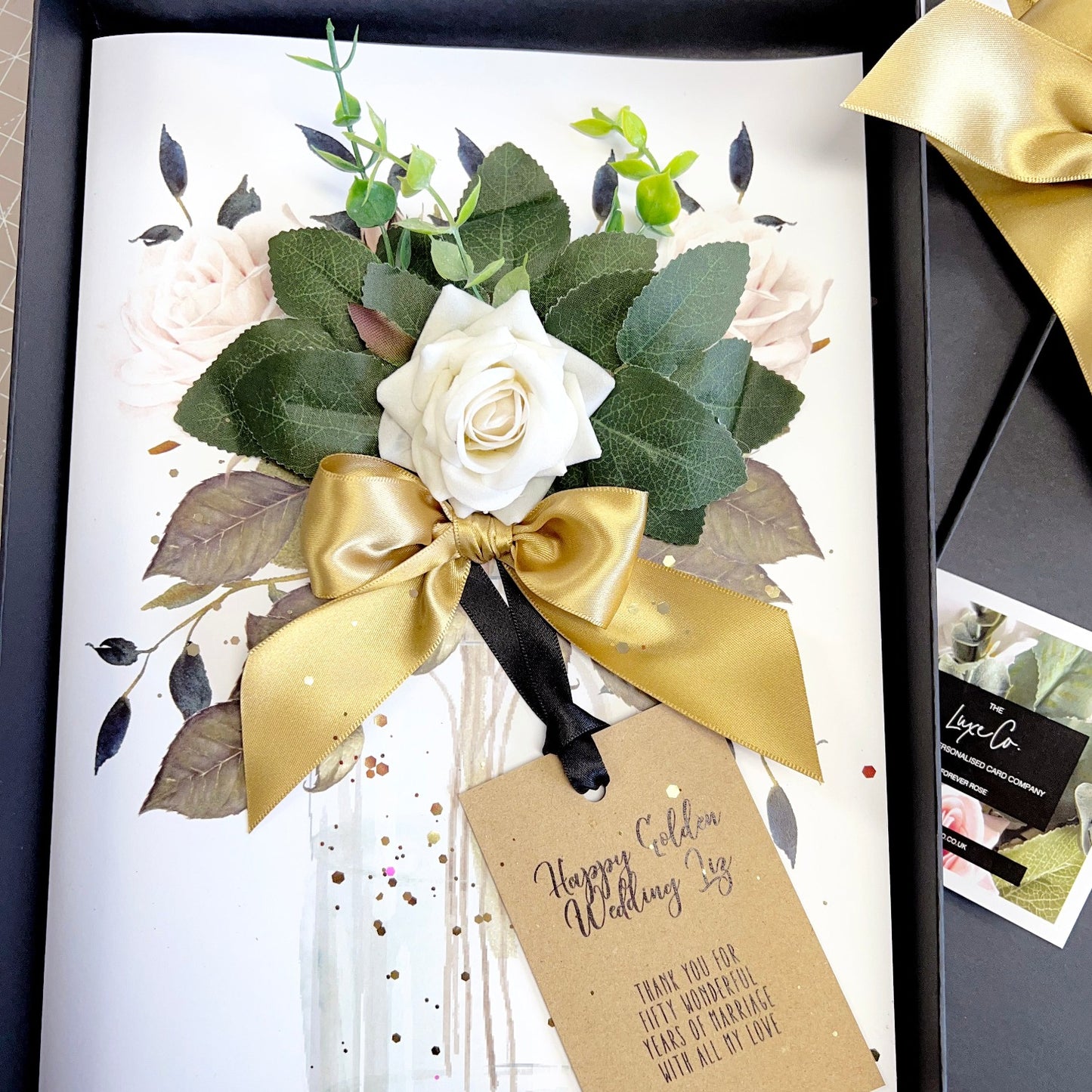 Luxury Golden Anniversary card - ivory rose scented in box with golden ribbon for 50th wedding anniversary