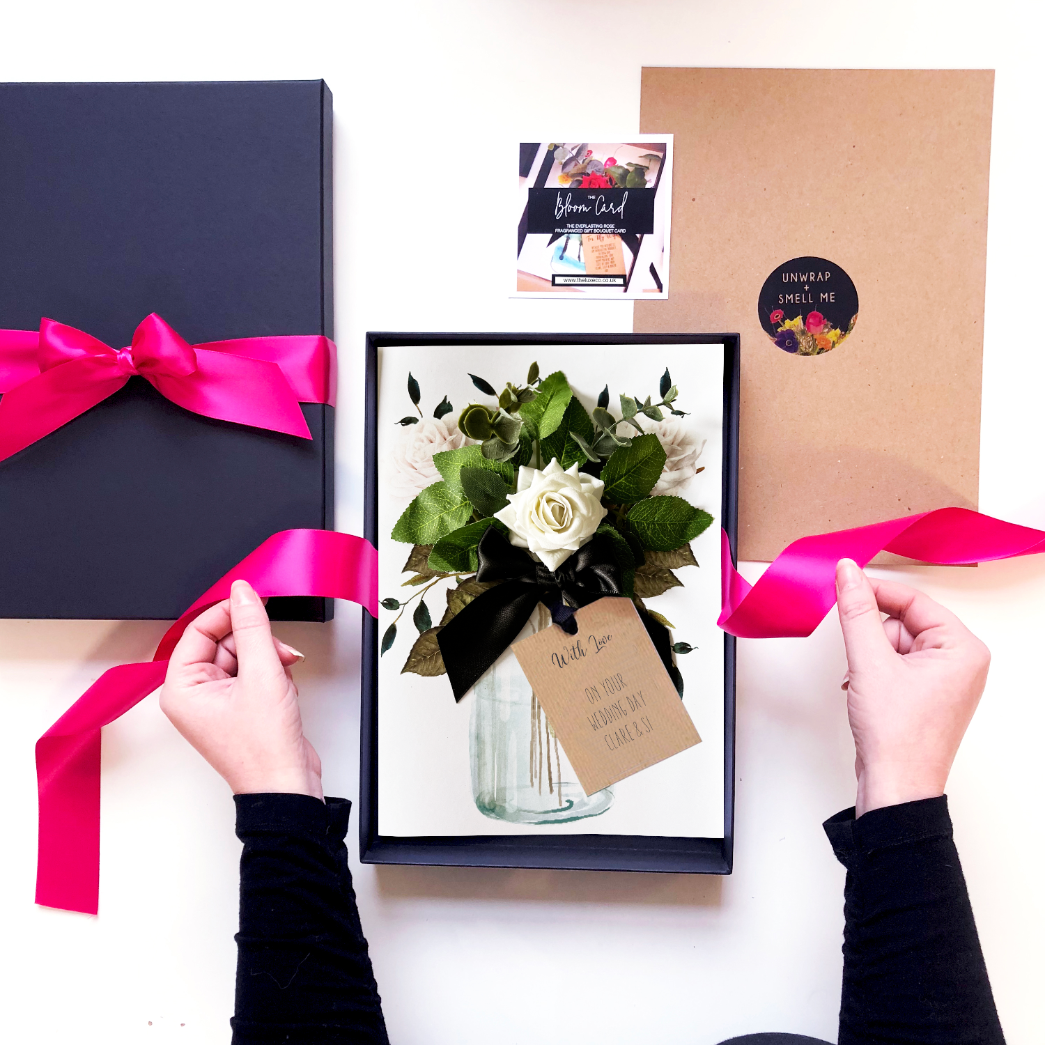 Luxury personalised scented rose wedding card in box that smells of rose petals | The Luxe Co