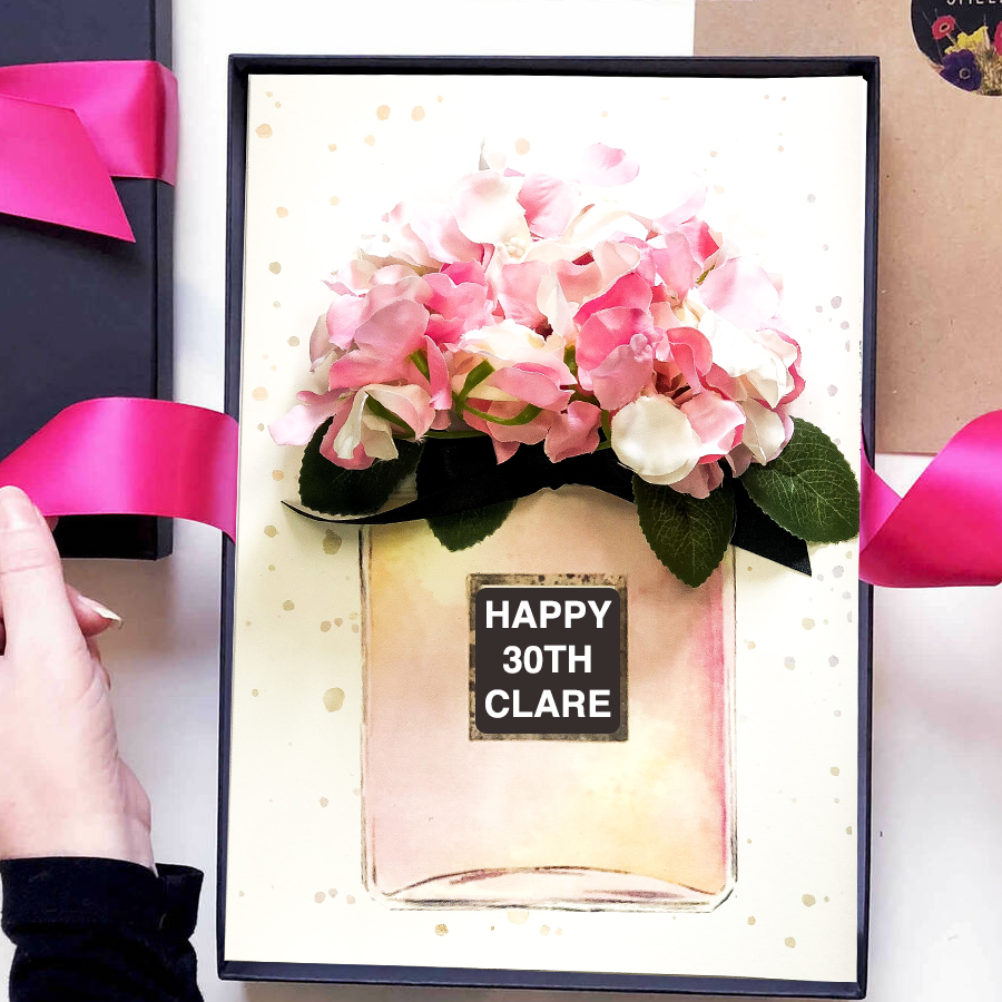 Personalised Designer 30th birthday card with 3d flowers scented with english peony by The Luxe Card Co