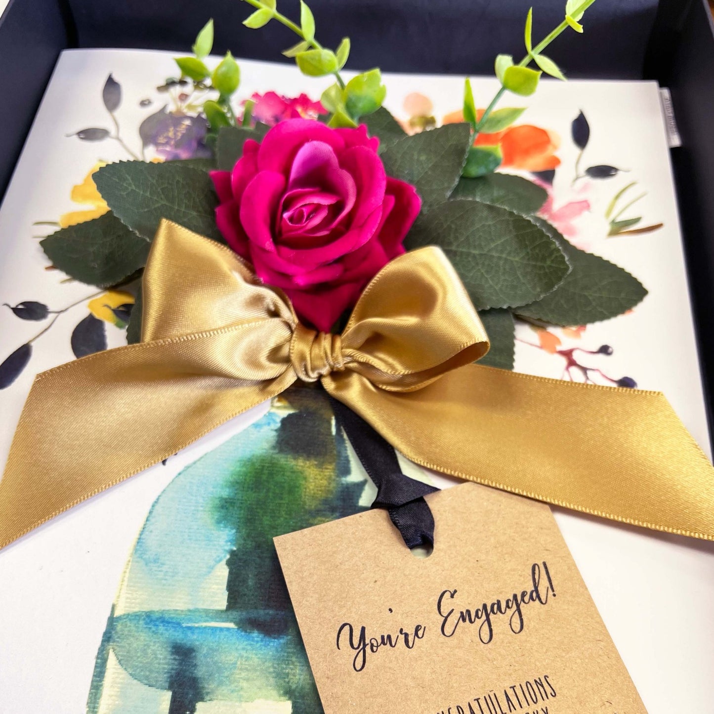 Luxury Bloom Engagement Card personalised with message on tag and handmade with luxury everlasting scented rose and bouquet design.
