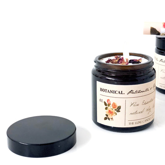 Patchouli and rose essential oil candle \ soy wax blended natural candle in brown glass jar 120ml