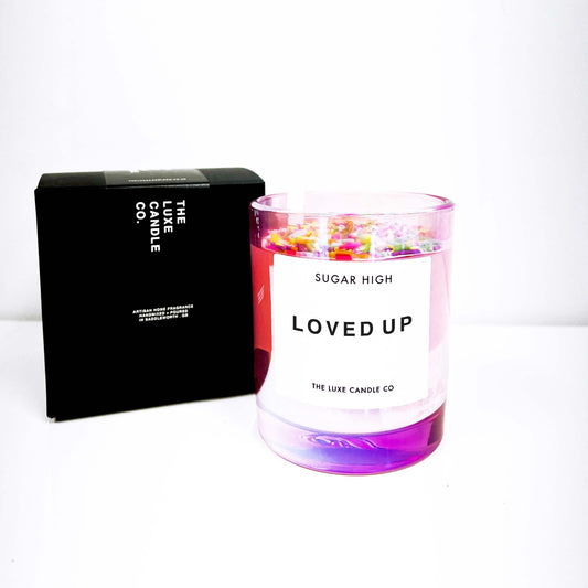 LOVED UP Valentines Day Candle with cake sprinkles - in iridescent pink glass scented in sugar high sweet scented candle for valentines gift