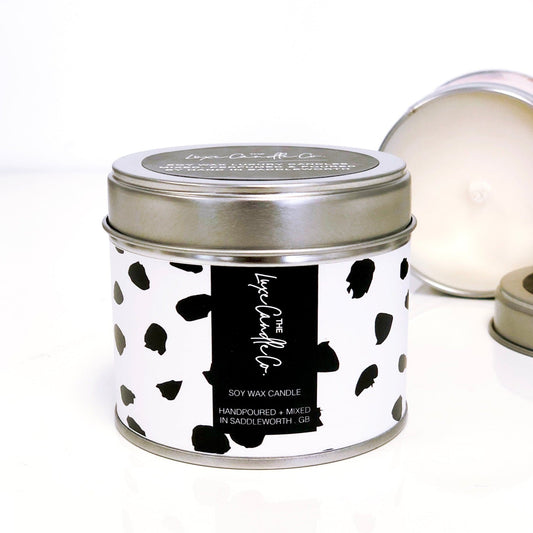 White and black polka dot Scented soy wax candle gift in tin by luxury small gift company The Luxe Co