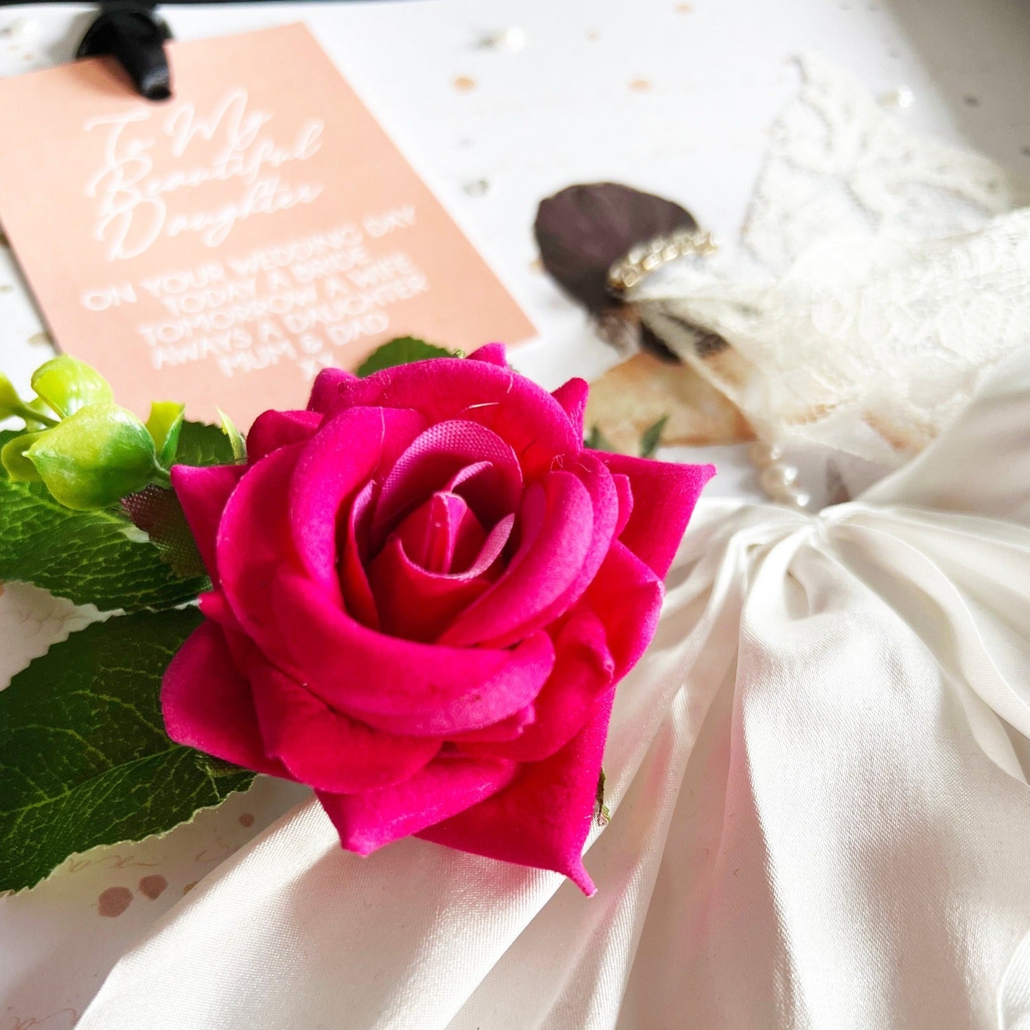 Hot pink rose wedding card for my Niece | Luxury keepsake wedding cards personalised with wording