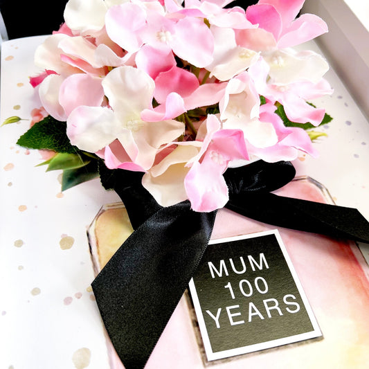 luxury 100th birthday card scented with flowers handmade with silk hydrangea flowers celebrate 100 th birthdays in style| The Luxe Co