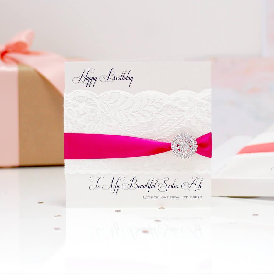 Lace & Crystal Hot Pink Personalised Sparkly Wedding Card - theluxeco.co.uk