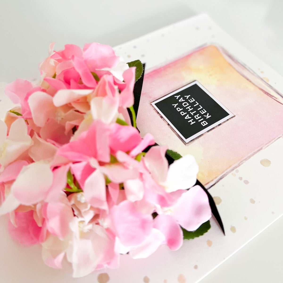 Birthday cards with name for my daughter handmade with pink hydrangea flowers | The Luxe Co