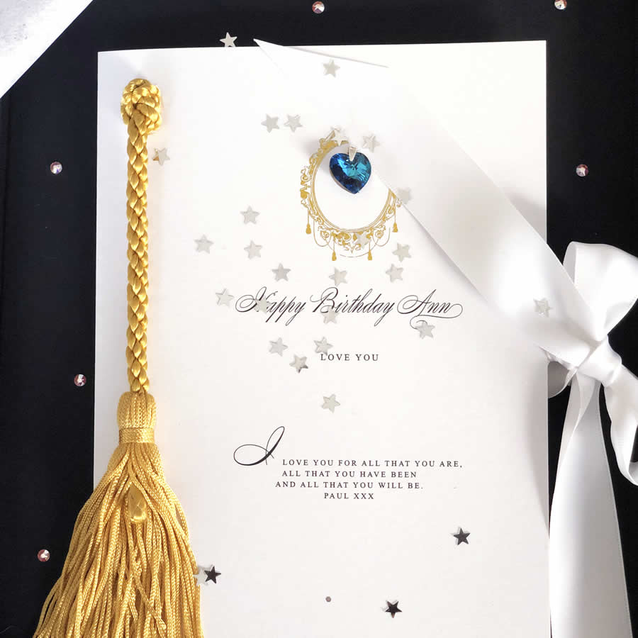 Sapphire birthstone birthday cards with gold tassle | The Luxe Co