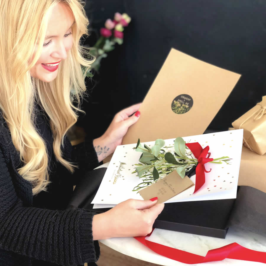 Personalised designer mistletoe Christmas cards scented with mistletoe fragrance for luxury cards